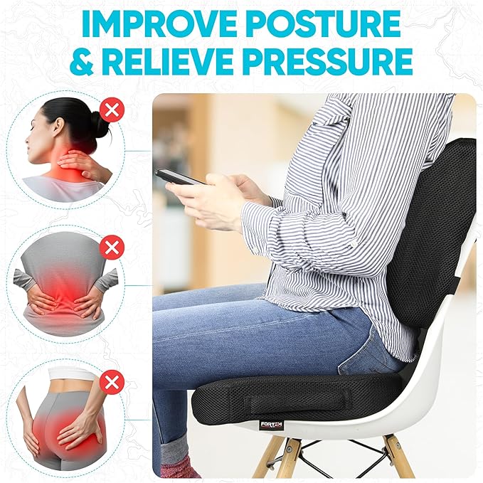 FORTEM Seat Cushion, Office Chair Cushion, Lumbar Support Pillow for Office Chair, Memory Foam Sciatica Coccyx Tailbone Pressure Pain Relief, Car Sitting Pad, Washable Non Slip