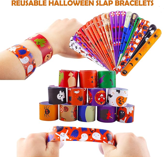 Halloween Bracelets for Kids, 36 Pcs Halloween Slap Bracelets Bulk, Halloween Party Favors Toys for Kids, 12 Different Design Bracelets Bulk for Party Favors and Supplies, Halloween Treat Bags Gifts