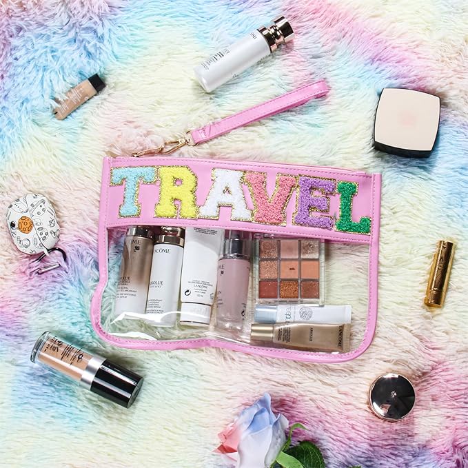 BuyCard Chenille Letter Clear Flat Makeup Pouch for Travel, Cute Cosmetic Basg with Zipper, PU & PVC Waterproof for Toiletry Beach Snacks, Portable with Wristlet for Women & Girls (Pink)