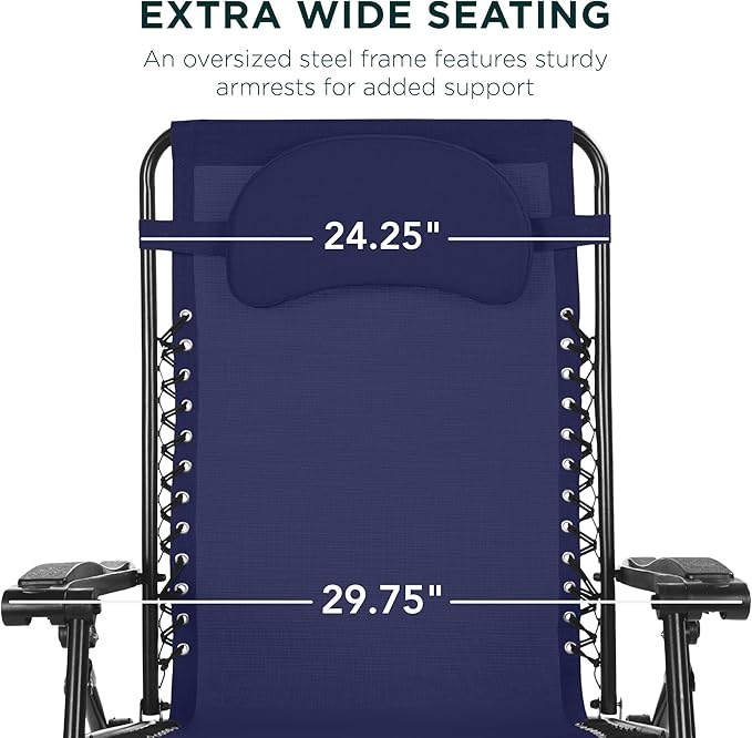 Best Choice Products Oversized Zero Gravity Chair, Folding Outdoor Patio Lounge Recliner w/Cup Holder Accessory Tray, Pillow - Navy