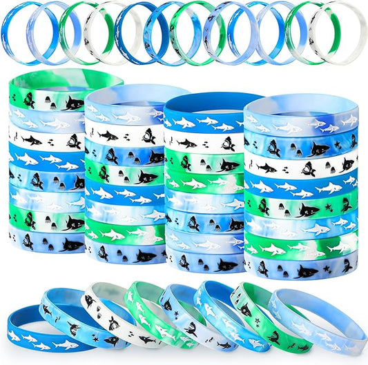 48 Pieces Shark Party Favors Shark Wristbands Shark Birthday Party Bracelets Shark Silicone Wristbands for Shark Themed Parties, Deep Ocean Parties, Under The Sea Clubs, Team Building Activities