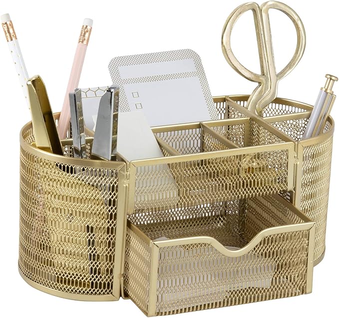 BLU MONACO | Gold Desk Organizer Set with Drawer | Metal Mesh Desk Accessories for Women | Stylish Desktop Organizer for Office Storage, Supplies & Small Stationery