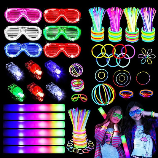 131 Pcs Glow in the Dark Party Supplies, Light Up Party Favors with 6 Foam Glow Sticks, 6 Led Glasses, 6 Finger Lights, 100 Glow Sticks Bulk Party Pack DIY Necklaces Bracelets, Neon Party Supplies