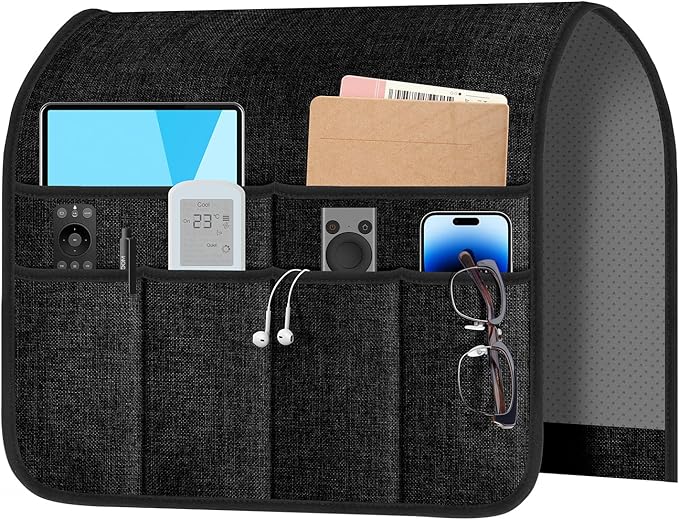 Armchair Caddy & Remote Control Holder for Couch & Recliner | Non-Slip Armrest Organizer with 6 Pockets for TV Remote, Phone, Tablet, Magazine & More, 19 x 35 Inches, Black