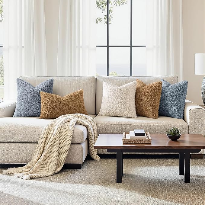 Woaboy Faux Fur Throw Pillow Covers 18x18 Inch Set of 2 Boucle Neutral Decorative Sherpa Fuzzy Accent Soft Sheepskin Fleece Cushions Modern Home Decor for Sofa Bedroom Living Room,Coastal Dusty Blue