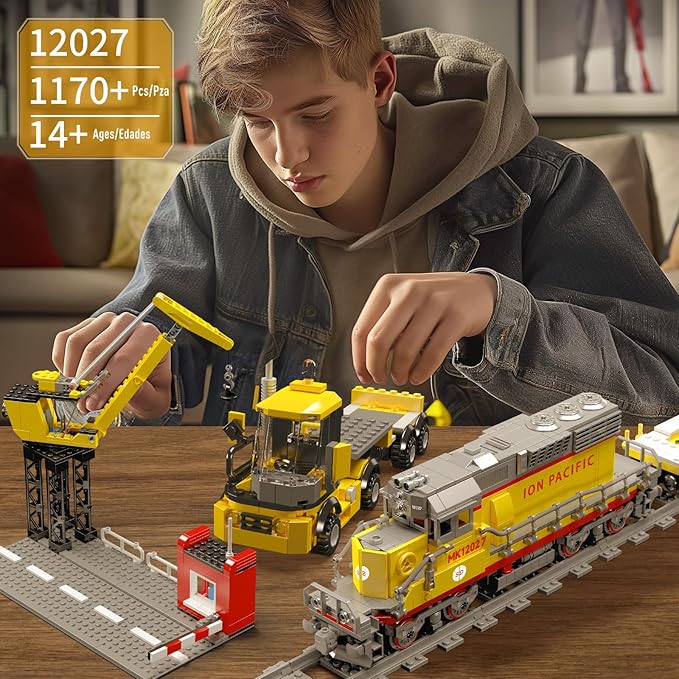 Mould King 12027 Diesel Locomotive Train Building Sets with a Semi-Trailers, Cranes, Remote/App Control Engineering Toy Kit, SD40-2 Scale Model with Tracks for Adults Kids (1170 Pieces)