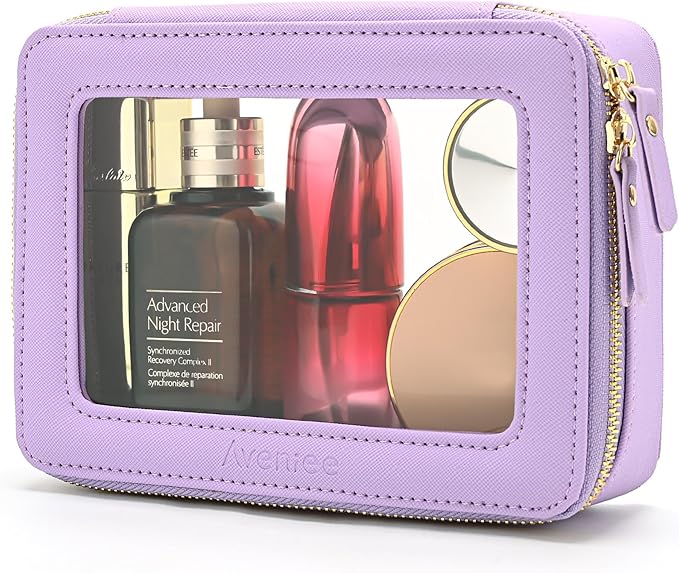 Aveniee Clear Makeup Bag Organizer, Travel Toiletry Bag Cosmetic Case for Women, Portable Make Up Skincare Pouch Car Organizer Bag with Zippers for Essentials,Lilac