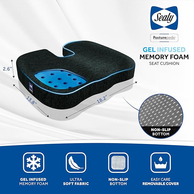 Sealy Memory Foam Seat Cushion for Car and Office Chairs – Pressure Relief Cushion for Tailbone Pain, Posture Support, and Comfort for Home Office Essentials