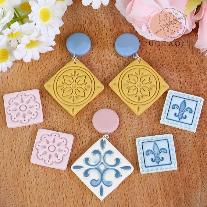 Puocaon Mexican Talavera Clay Cutters - 11 Pcs Clay Cutters for Polymer Clay Jewelry, Portuguese Tiles Polymer Clay Jewelry Cutters, Floral Tile Clay Cutters for Earrings, Peranakan Tile Clay Cutters