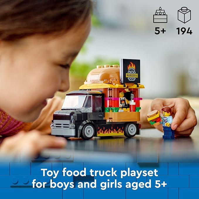 LEGO City Burger Truck Toy Building Set, Fun Gift for Kids Ages 5 Plus, Burger Van and Kitchen Playset, Vendor Minifigure and Accessories, Imaginative Pretend Play for Boys and Girls, 60404