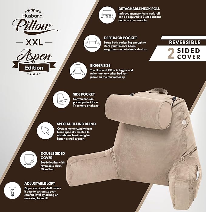Husband Pillow XXL Aspen Edition, Adult Reading Sit Up Bed Rest Pillow for Bed with Arms & Neck Roll on Bungee Cord - Premium Memory Foam - Reversible 2 Sided Cover Micro Suede or Plush, Cowboy Taupe
