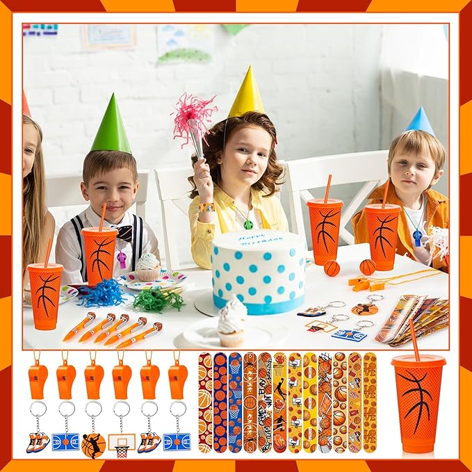 122 Pcs Basketball Party Favors Set Basketball Goodie Bags Stuffers Includes Cups with Straw Mini Stress Ball Keychains Slap Bracelets Whistles Stickers Pens for Birthday Party Supplies