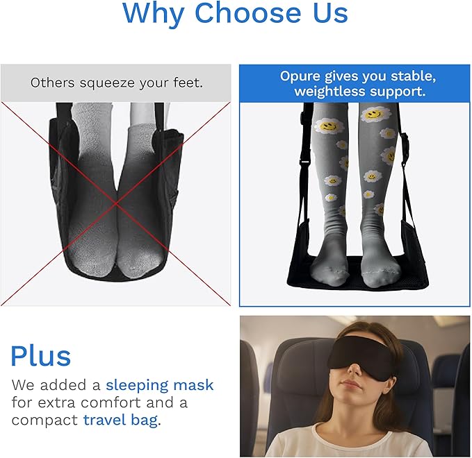 Airplane Foot Hammock for Plane Travel - Adjustable Foot Rest with Sleep Eye Mask Set- Best Airplane Gadgets - Long Flight Must Haves for Comfortable Leg Support