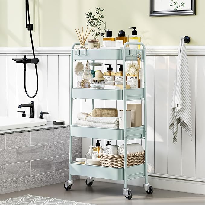 TOOLF 4-Tier Metal Rolling Cart with Wheels, Storage Utility Organizer Cart for Kitchen, Bathroom, Office, Baby Essentials & Makeup - Lockable Casters, Easy Assembly, Large Capacity, Green