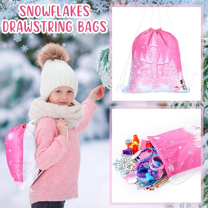 Abbylike 140 Pcs Winter Party Favors Christmas Gifts for Kids Snowflake Wonderland Party Favors Supplies Birthday Notebook Bracelet Stamper Sticker Drawstring Bag Pencil Button Pin Keychain