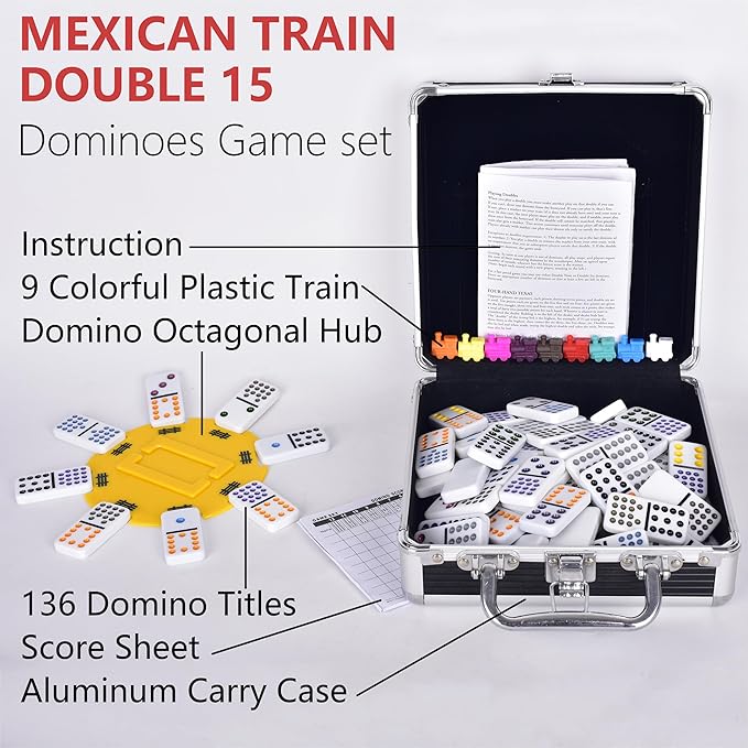 Dominoes Set for Adult, Double 15 Dominoes Set Double 15 Colored Dot Mexican Train Domino Set,Dominoes with Aluminum Case, 136 Tiles (2-10 Player)