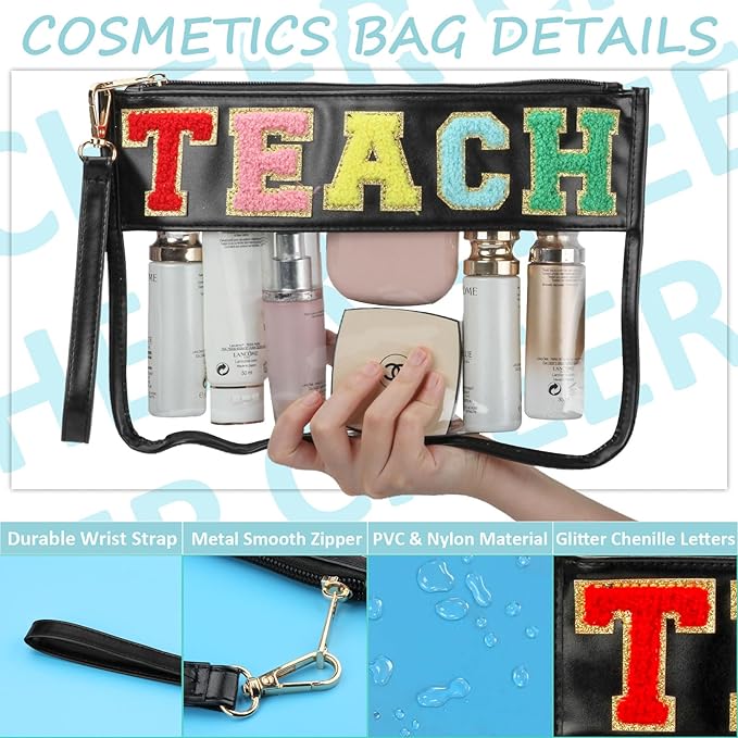 BuyCard Teacher Appreciation Gifts Clear Makeup Bag, Embroidered Chenille Letter Patches Cosmetic Bag, Zipper Pouch PVC Organizer, Portable Waterproof Toiletry Storage Bag for Women, Girls