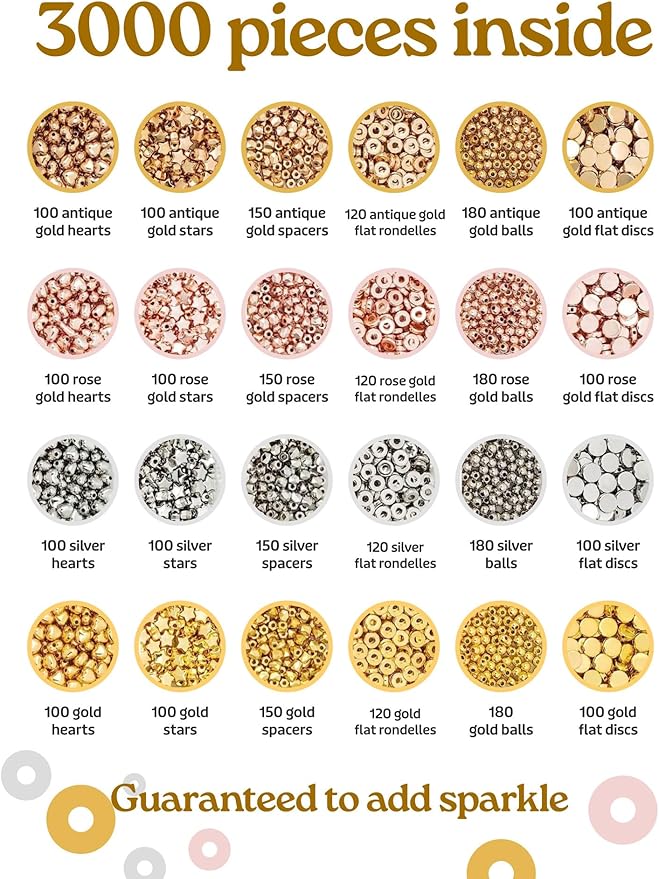 3000 Piece Gold Spacer Beads Set for Bracelet Making, Metallic, Rose, Yellow Gold and Silver Round, Stars and Hearts for Jewelry Making for Teens Adults, Friendship Bracelet Kit