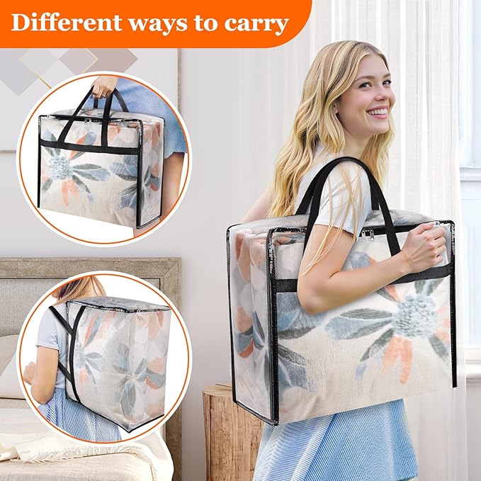 6 Pack Clear Storage Bags for Comforter, Clothes & Bedding, Plastic Blanket Storage with Zipper and Handle, Moving Bags, Closet Organizer and Under-Bed Storage (90L)