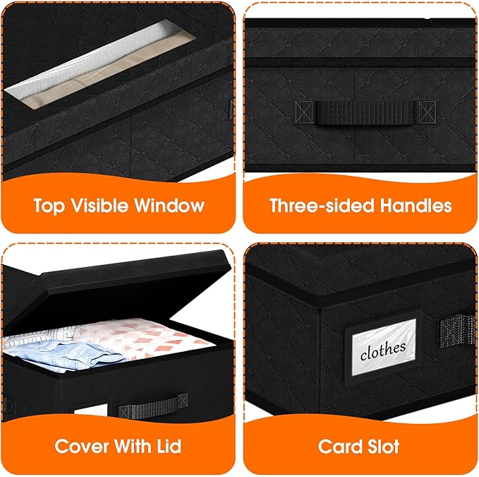 Under Bed Storage Containers with Lids - 2 Pack, Foldable and Stackable Clothes Storage Bags with Clear Window, 3-Sided Handles and Label Slot for Clothing, Blankets, Pillows (Black)