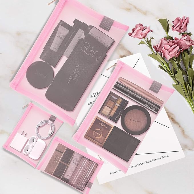 EASYFUN Mesh Pouch, Make up Bag with Zipper Cosmetic Organizer Pouch for Daily or Travel to Keep Small Items, 4 PCS Pink