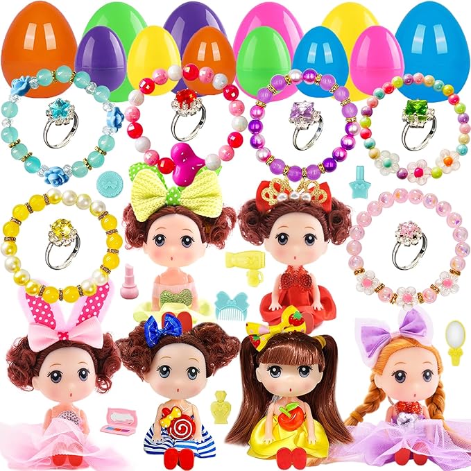 Girls Easter Eggs with Toys inside Easter Basket Stuffers for Girls 6 Dolls 6 Bracelets 6 Rings Easter Egg toys Gifts for Girls Toddler Kids Easter Eggs Filled with Toys 38 PCS