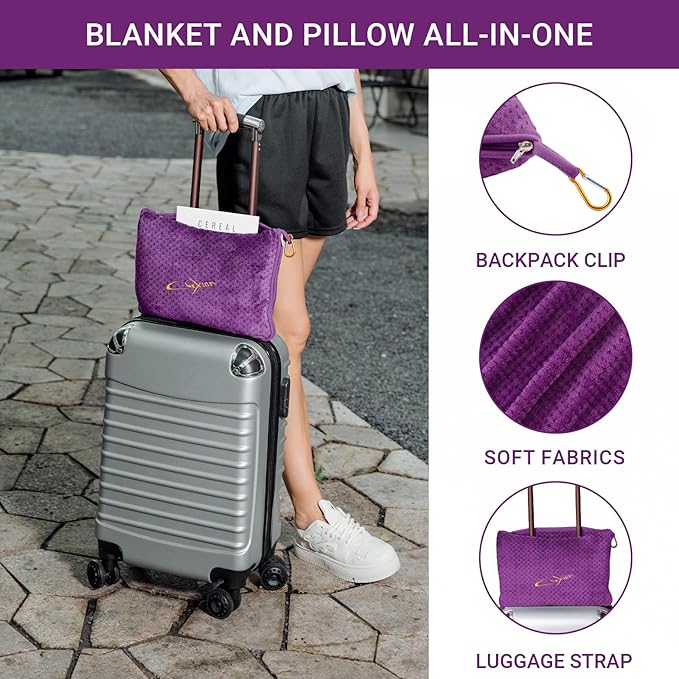 CLEXION Travel Blanket Pillow-Premium Soft 2 in 1 Airplane Blanket for Long Trips Essentials with Bag Pillowcase, Hand Luggage Sleeve and Backpack Clip (Violet)