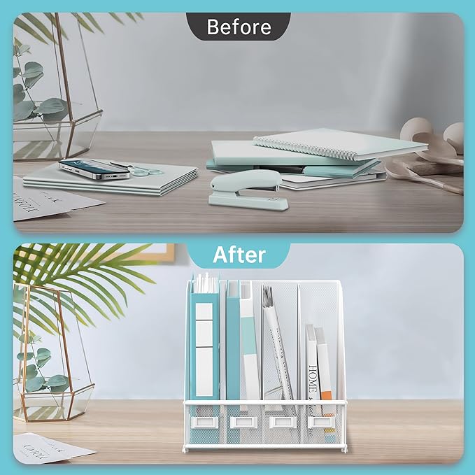 SUPEASY Magazine File Holder, Binder Holder Metal Desk Organizer with 4 Rack Compartments, File Organizer for Office Home School, White