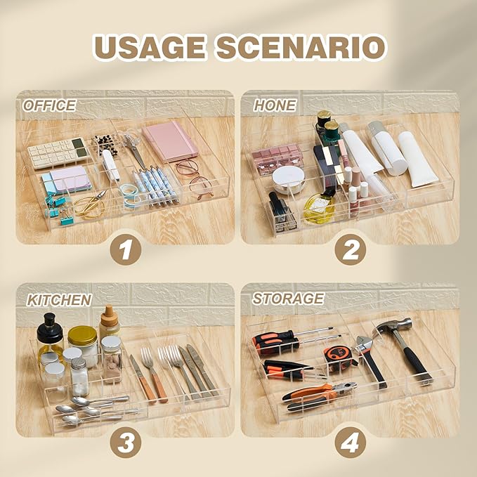 Briwooody Acrylic Drawer Organizer Clear Desk Drawer Organizer Trays with Adjustable Compartments Desk Accessories for Office Stationery Makeup Silverware Bathroom(Expandable)