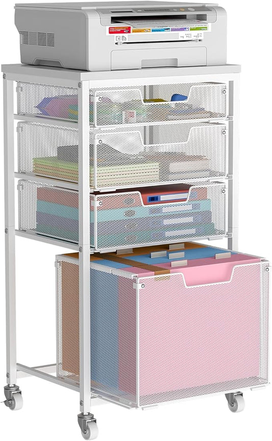 4 Drawer Rolling File Cart with Wheels, Mobile Filing Cabinet for Home Office, Hanging File Organizer, Under Desk Storage, Multifunctional Utility Cart Printer Stand, White (Patent Pending)