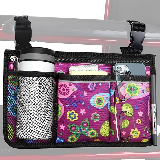 Wheelchair Side Bag, Upgrade Flower Color Wheelchair Armrest Storage Pouch with Cup Holder and Reflective Strip for Most Wheelchairs, Walkers and Rollators (Purple Butterfly)
