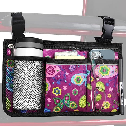 Wheelchair Side Bag, Upgrade Flower Color Wheelchair Armrest Storage Pouch with Cup Holder and Reflective Strip for Most Wheelchairs, Walkers and Rollators (Purple Butterfly)