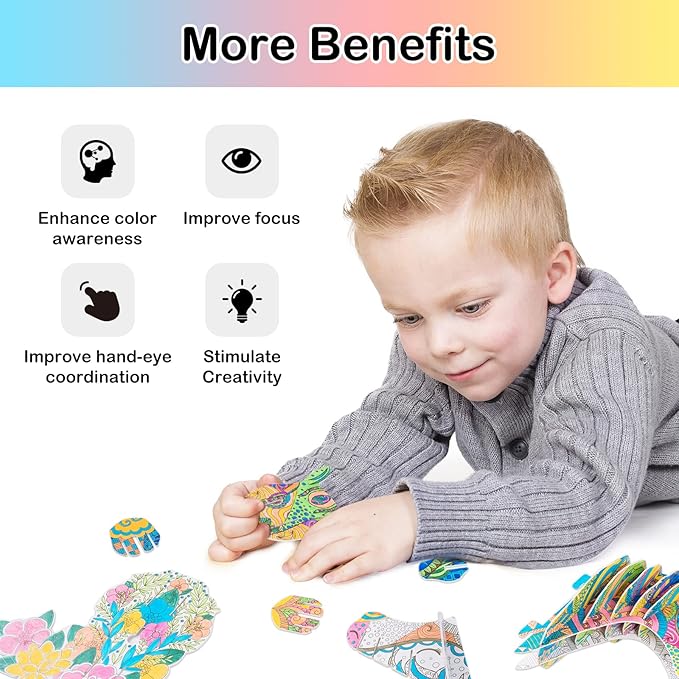 Hautton 3D Coloring Puzzle, Creative DIY Painting Puzzle Set Toy with 10 Coloring Pens, Fun Arts Crafts Gift for Kids Age 3 4 5 6 7 8 9 10 11 12 -Hornhorse