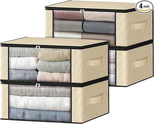 HomeHacks Storage 4-Pack Clothes Organizer Storage Bags Foldable Storage Box with Large Clear Window Sturdy Handles for Closet, Dorm, Pillows, Bedding, Clothes, Blankets, 35L, Beige