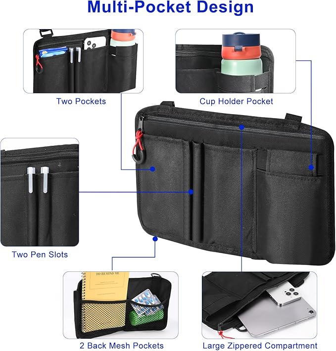 Wheelchair Side Bag with Cup Holder, Premium Wheelchair Armrest Pouch Accessories for Adults，Wheelchair Bags for Walkers, Rollators, Electric Wheelchairs (Black)