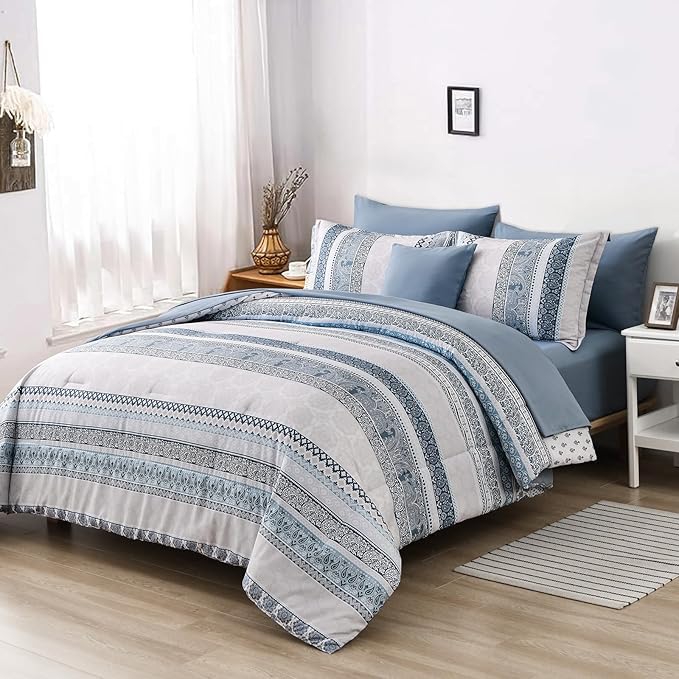 Cottolester Boho Comforter Set King Size Light Blue Comforter Set 8 Piece Bed in a Bag Striped Paisley Bedding Sets