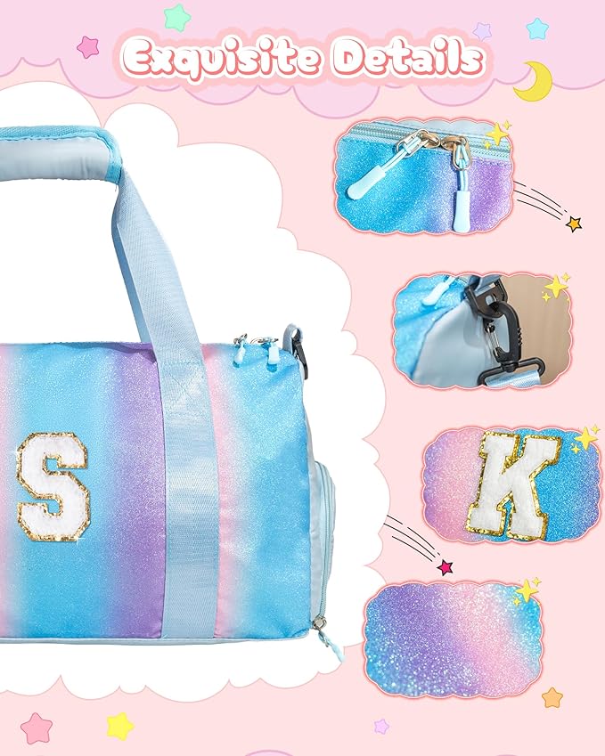 Gifts for Girls-Girl Gym Bag with Shoe Compartment, Kid Personalized Weekender Overnight Bags, Initial Travel Tote with Makeup Pouch, Gift for 3 4 5 6 7 Year Old Kids (Letter T)