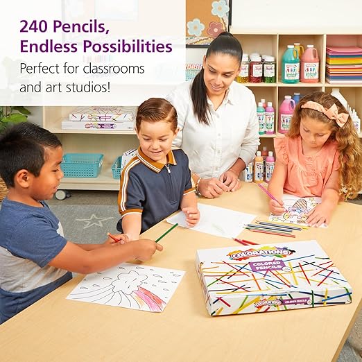 Colorations Color Pencils, Set of 240, Pre-sharpened Color Pencils,12 Colors,Thick Core Pencils,Hexangonal Shape,Sustainably Harvested Wood Pencils, Classroom Supplies,Coloring Pencils,Drawing Pencils