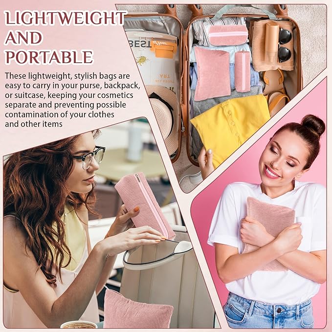 Huhumy 3 Pcs Makeup Bag Set for Women Corduroy Cosmetic Pouch Aesthetic Smile Travel Toiletry Bag Cute Purse Pouch Pencil Case Makeup Brushes Storage Organizer for Valentine(Pink,Solid Style)