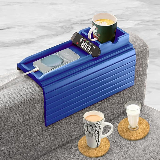 Couch Cup Holder with 2 Cork Coasters | Couch Caddy with Detachable Tray | Anti-Slip Foldable Armrest Sofa Tray, Anti-Spill Holder for Remote, Snacks, Cellphone - Ideal Gift (Blue)