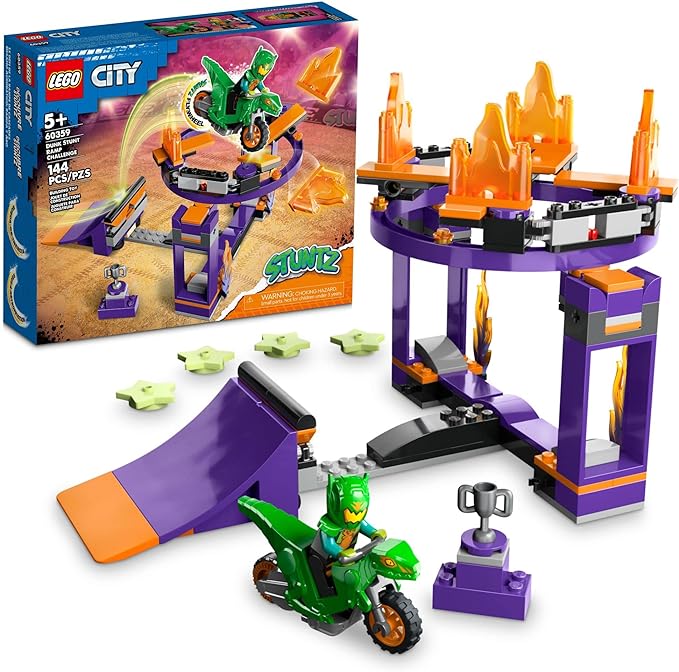 LEGO City Stuntz Dunk Stunt Ramp Challenge, 2in1 Action Set with Self-Driving Dinosaur Motorcycle Toy and Stunt Rider, Fun Activity for Kids, Boys, Girls 5 Years Old and Up, 60359