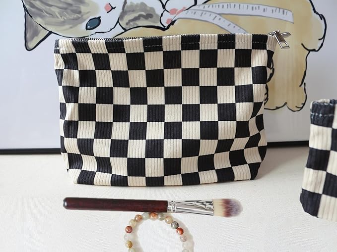 HAPPYHEIDI Checker Corduroy Makeup Bag Women Cosmetic Toiletry Travel Pouch Office Desk Organizer, Vintage Black White Block