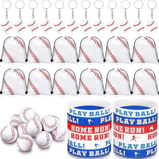LEIFIDE 48 Pcs Basketball Soccer Football Baseball Party Favors Supplies 12 Silicone Bracelet 12 Drawstring Treat Bag 12 Mini Stress Ball 12 Keychains for Birthday Sports Party Supplies(Baseball)