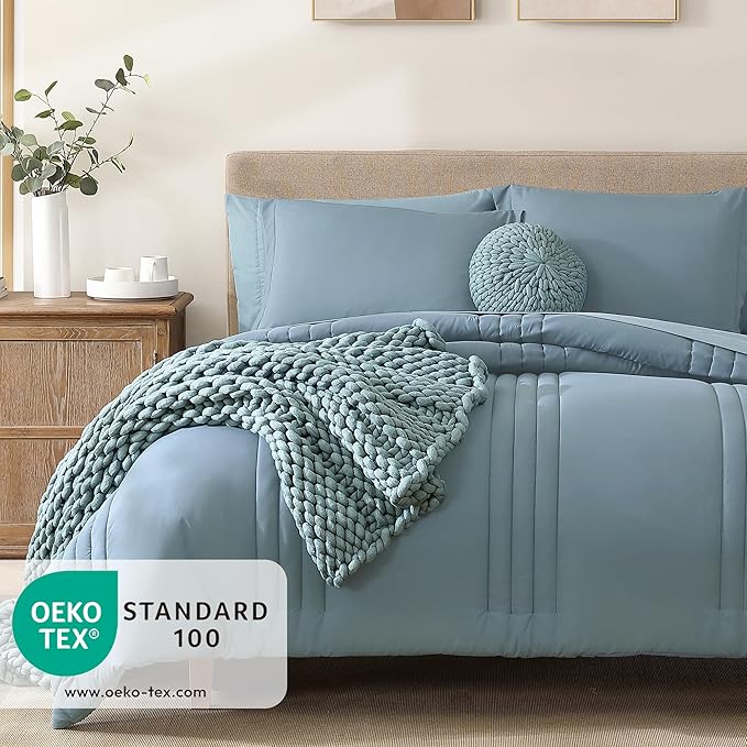 Monbix Queen Comforter Set - 7 Pieces Dusty Blue Bed in a Bag Queen Bedding Sets with Comforters, All Seasons Comforter Bed Set with Sheets, Pillowcases & Shams