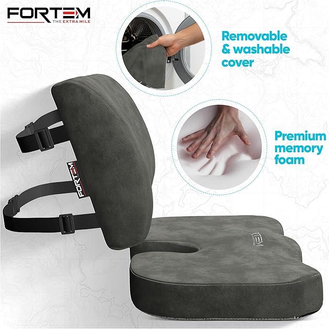 FORTEM Seat Cushion, Office Chair Cushion, Lumbar Support Pillow for Office Chair, Memory Foam Sciatica Coccyx Tailbone Pressure Pain Relief, Car Sitting Pad, Washable Non Slip