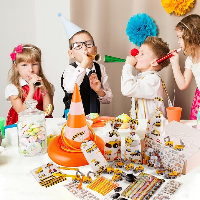 Construction Party Favors Construction Birthday Party Decorations for Kids Ring Toss Game Mini Construction Vehicles Toys Temporary Tattoos Gift Bags for Construction Birthday Party Game Supplies