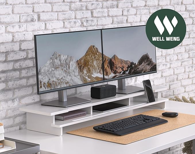 WELL WENG Monitor Stand Dual Monitor Stand Riser for Desk,Wood Desk Shelf Storage Organizer with Phone Tablet Holder (42.5 Inch, White)