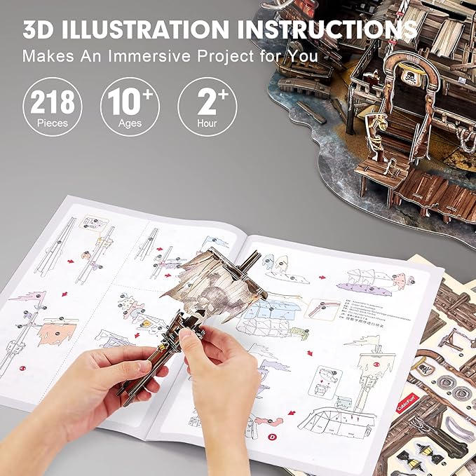 CubicFun 3D Puzzles for Adults Kids Tortuga Pirate Bay Cool Pirate Shipwreck Home Decor Indoor Model Kits Ragged Pirate Ship Crafts for Adults Birthday Gifts for Kids Women Men Teen Boy Room Decor