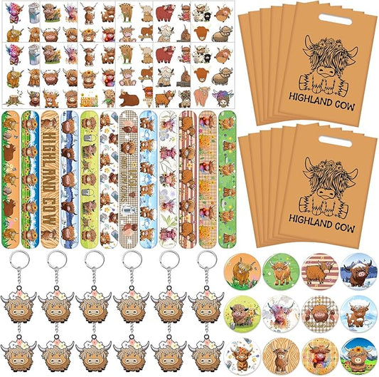 Highland Cow Party Favors Highland Cow Theme Slap Bracelets Key Chains Badges Temporary Tattoo Stickers Gift Bags for Kids Highland Cattle Farm Animal Birthday Party Supplies Baby Shower