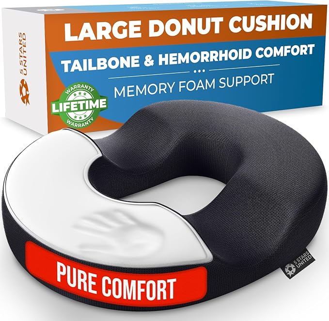 5 STARS UNITED Donut Pillow Hemorrhoid Tailbone Cushion – Large Cushion for Pain Relief – Coccyx, Prostate, Sciatica, Pelvic Floor, Pressure Sores, Pregnancy, Postpartum Recovery, Black